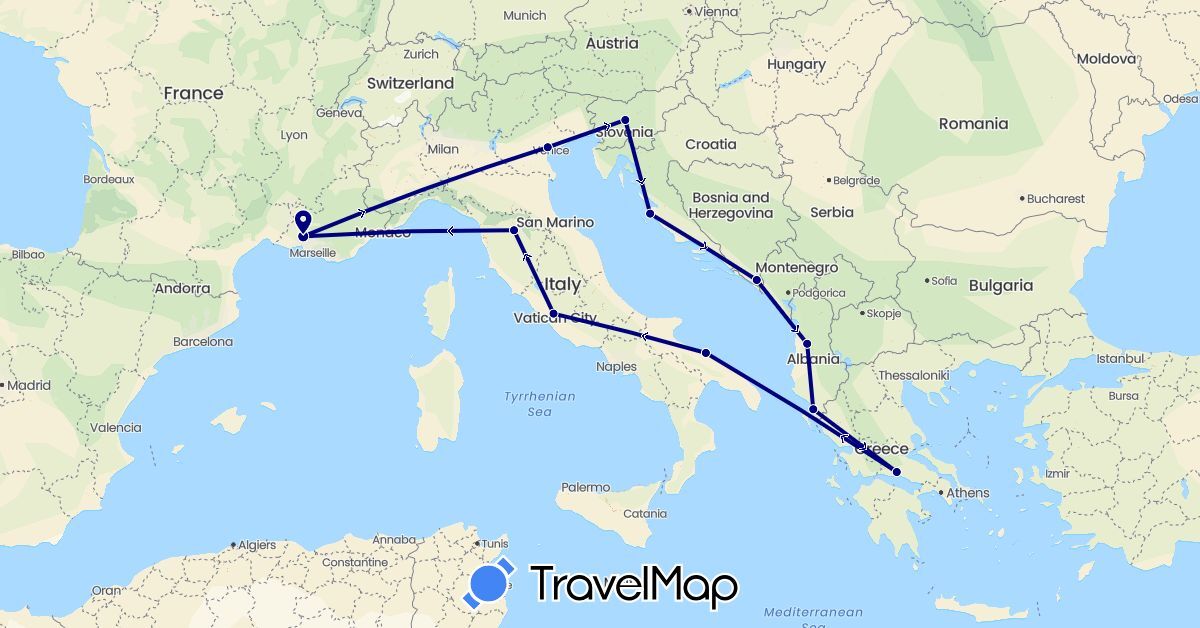 TravelMap itinerary: driving in Albania, Bosnia and Herzegovina, France, Greece, Croatia, Italy, Slovenia (Europe)